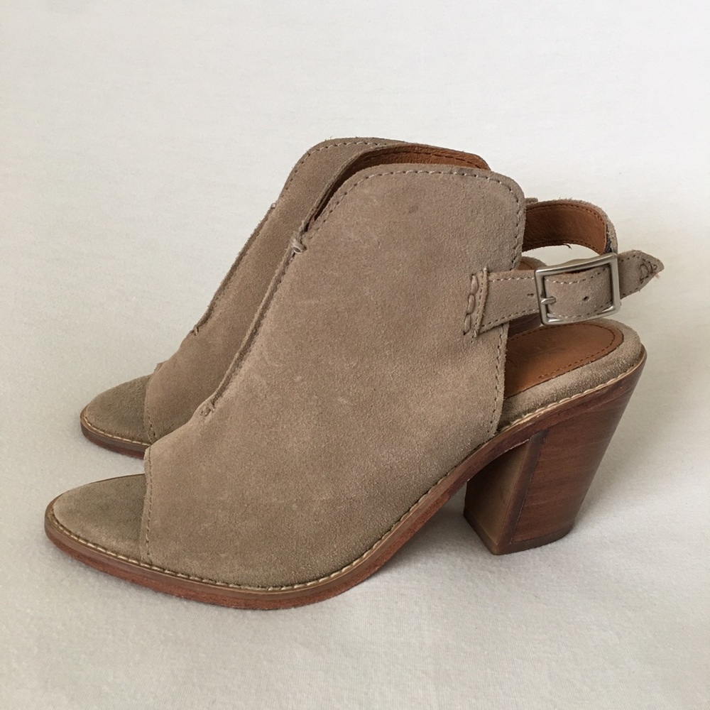 FRYE Dani Shield Sling Back Sandal Heels Open toe Wood wmn 6.5 black Or tan New - Picture 2 of 15